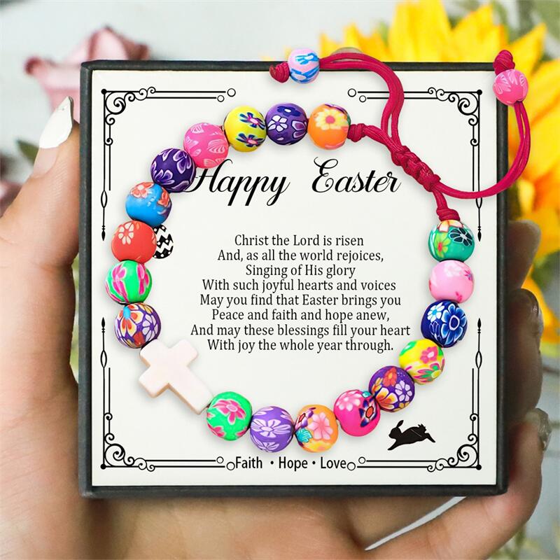 Colorful Clay Beads Easter Bracelet - Christian Cross Bracelet for Teens & Women