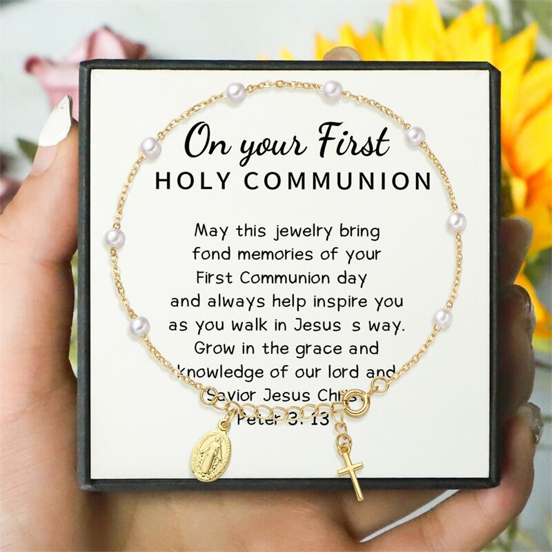 Pearl Cross Charm Bracelet - Baptism & First Communion Gift for Girls