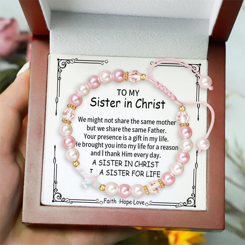 To My Sister in Christ - Pearl Shell Cross Adjustable Bracelet