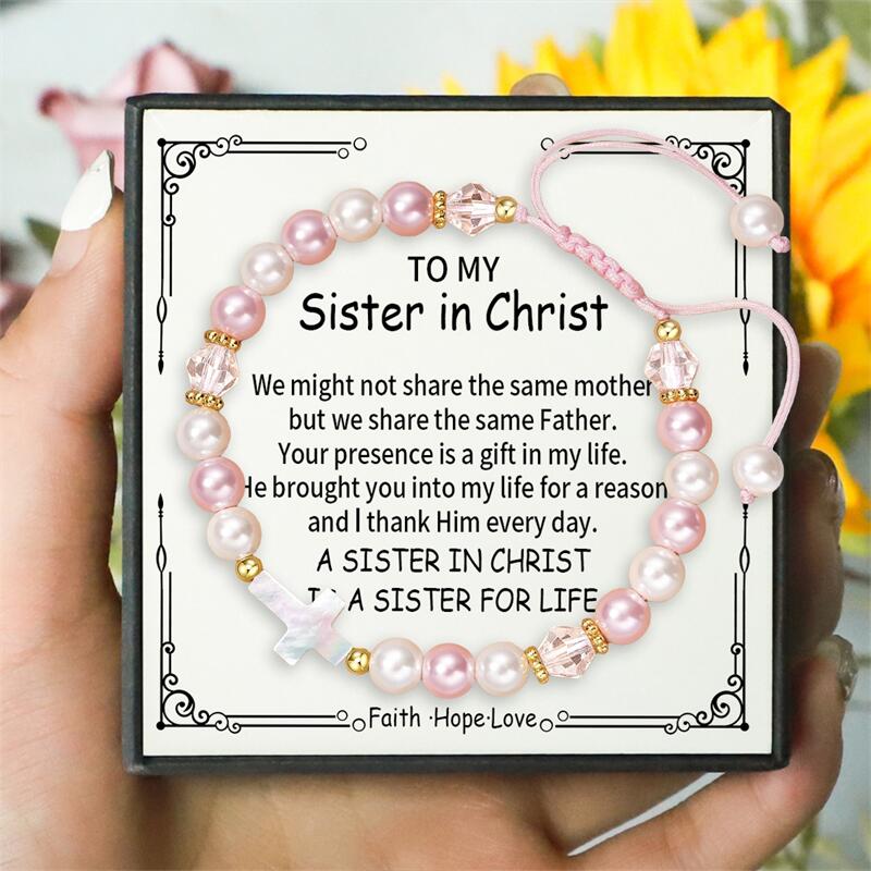 To My Sister in Christ - Pearl Shell Cross Adjustable Bracelet