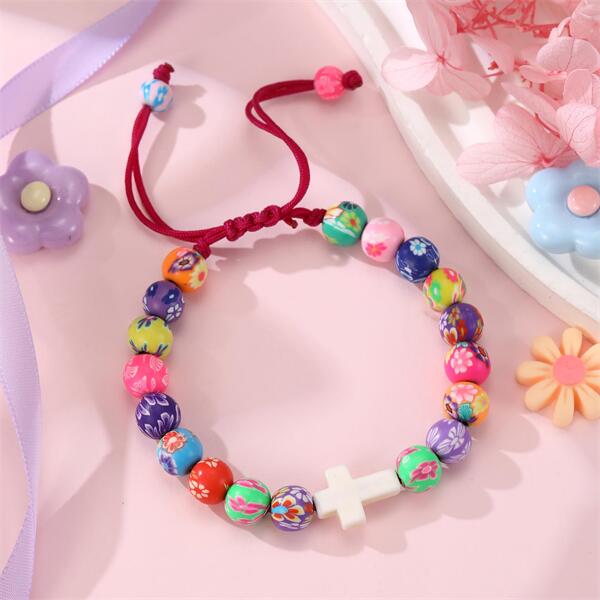 Colorful Clay Beads Easter Bracelet - Christian Cross Bracelet for Teens & Women